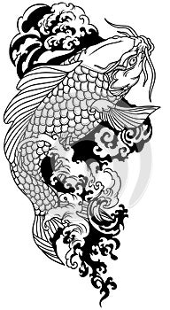 Japanese koi carp swimming upstream. Black and white tattoo photo