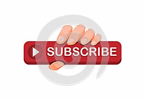 Hand grab subscribe button icon for online video streaming channel concept in cartoon illustration vector isolated in white backgr