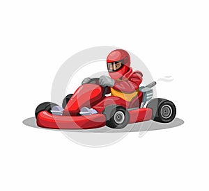 Go kart racer character in red uniform. professional driving race sport competition in cartoon illustration vector on white backgr photo