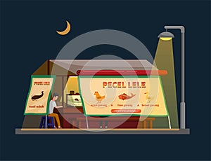 Pecel lele aka catfish fried indonesian traditional street food stall vendor in night scene illustration in cartoon vector photo