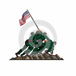 Soldier american flag raising in iwo jiwa battle 26 march 1945. patriotic symbol in cartoon illustration vector isolated in white