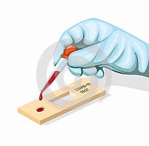 Hand wear glove put blood sample to covid-19 rapid test concept in cartoon illustration vector isolated in white background