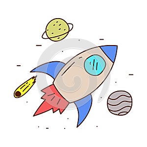 Rocket with planets doodle illustration