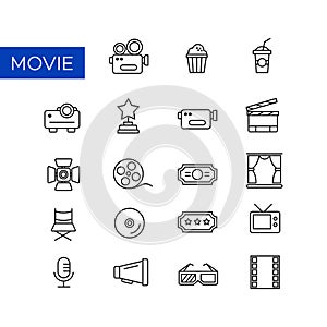 A collection of line icons from showbiz and filmmaking. Suitable for design elements from cinema. and acting performances. photo