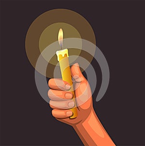 Hand holding candle light concept in cartoon illustration vector on dark background