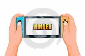 Hand playing portable game with winner symbol. concept in cartoon illustration vector on white background