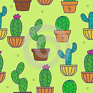 Colorful cactus seamless pattern with doodle style