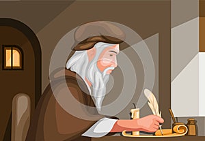 Old man writing with feather pen in scroll paper biography history scene concept in cartoon illustration vector photo