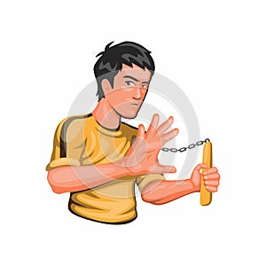 Bruce lee holding nunchaku jeet kune do kungfu martial art fighter character concept in cartoon illustration vector photo