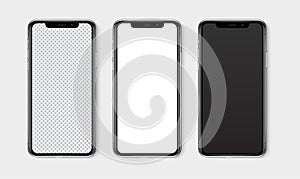 Realistic smartphone mockup set. Mobile phone blank, white, transparent screen design mock up. Isolated vector illustration