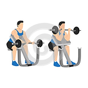 Man lifting barbell in a gym on EZ bar preacher curl, making biceps exercise. photo