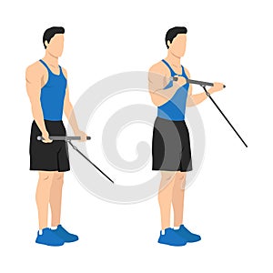 Man doing standing bicep cable curls exercise. Flat vector illustration