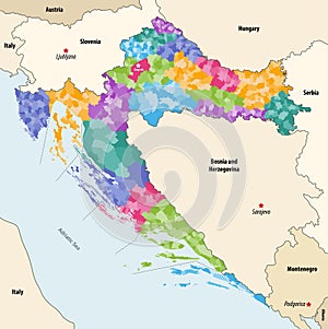 Vector map of Croatia municipalities colored by counties with neighbouring countries and territories photo