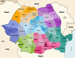 Counties of Romania colored by regions with neighbouring countries and territories vector map photo