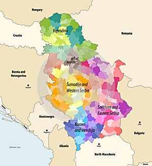 Districts and municipalities of Serbia colored by statistical regions vector map with neighbouring countries and territories photo