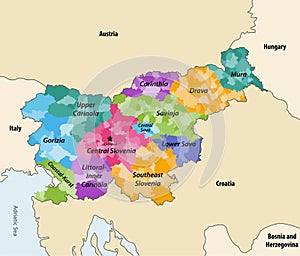 Municipalities of Slovenia colored by statistical regions vector map with neighbouring countries and territories photo