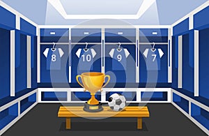 Soccer locker room with thropy and ball. wining sport team club scene concept in cartoon illustration vector photo