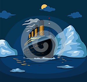 Titanic cruise ship sail in sea iceberg in night scene illustration in cartoon vector photo