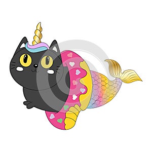 Vector illustration of a little cute white cat unicorn or caticorn mermaid.