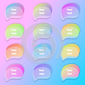 Cartoon colorful gradients talk bubbles vector illustration set in glass morphism style