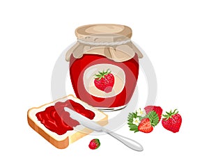 Strawberry jam spread on a piece of toast bread, a knife, a glass jar with jelly and fresh red berries