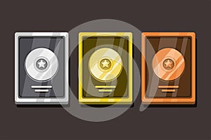 Disc Award Golden, Silver and Bronze achievment for artist musician or movie actor collection set in cartoon illustration vector photo