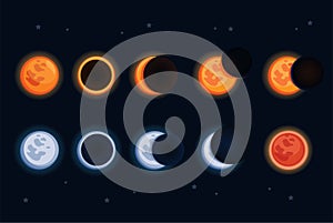 Sun and Moon lunar eclipses astronomy symbol collection set concept in cartoon illustation vector photo