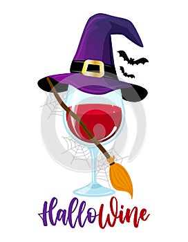 Happy Hallo Wine Halloween One glass on Wine in witch costume. photo