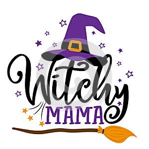 Withy Mama, Witch Mom - Halloween quote on white background with broomstick and witch hat. photo