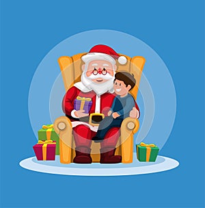 Santa claus giving gift box to boy in sofa on christmas season illustration vector