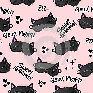 Sleeping mask black cat lashes pattern with good night, sweet dreams and zzz.