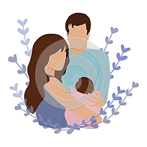 Happy new parents holding baby. Young mom and dad, new born child flat vector illustration.