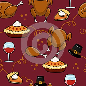 Funny Thanksgiving dinner pattern - hand drawn cartoon roasted turkey, pilgrim and wine pattern.