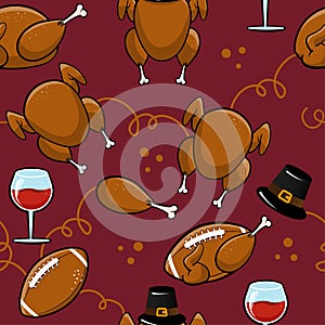 Funny Thanksgiving dinner pattern - hand drawn cartoon roasted turkey, pilgrim and wine pattern.