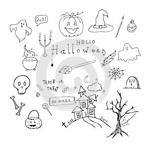 Vector set with hand drawn black doodle Halloween elements isolated on white background.