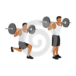 Smiling sporty man with barbell doing split squat or lunge