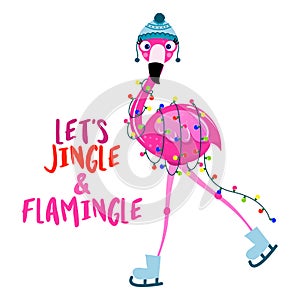 Let`s jingle and flamingle - Calligraphy phrase for Christmas with cute flamingo girl. photo