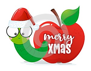 Merry Christmas, cute worm in red apple - funny Maggot with Santa hat. photo