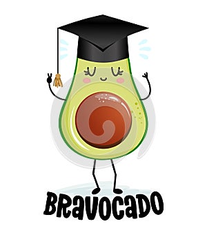 Bravocado bravo avocado kawaii character design with graduation hat on white background. photo