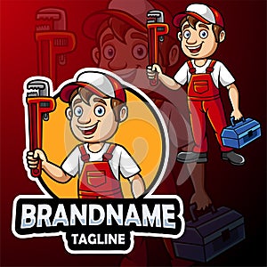 Cartoon plumber mascot design with big wrench