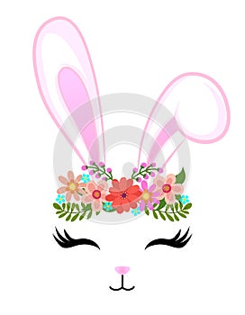 Bunny with floral headband wreath  - Cute rabbit drawing.