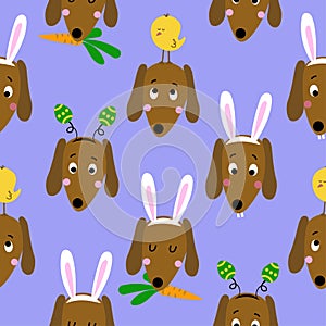 Dachshund Easter egg hunt party - Funny cartoon weiner dogs and eggs. photo