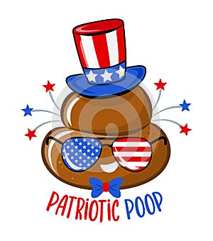 Partiotic Poop - Cute smiling happy poop with lincoln hat. Vector cartoon character in kawaii style. Cartoon poop, shit character.