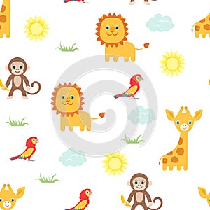 Cute animals seamless pattern. Vector baby background. Giraffe, lion, monkey and parrot.