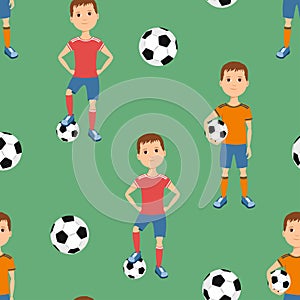 Seamless pattern with boy soccer player and soccer ball on green. Sports background. Football vector illustration.