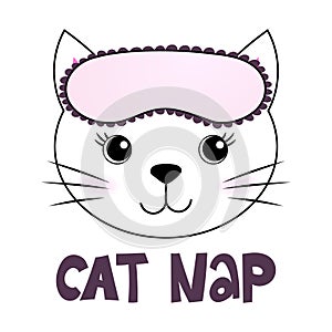 Cat nap - funny doodle, Cat with sleeping mask, stars, hearts.