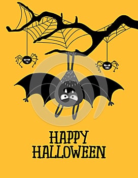 Happy Halloween - cute hanging bat, Halloween overlays, lettering labels design. Retro badge.