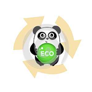 Cute cartoon panda eco banner and recykling sign Funny character for your design. Green energy concept. Panda protect. Ecology pr