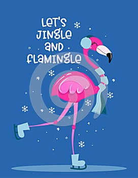 Let`s jingle and flamingle - Calligraphy phrase for Christmas with cute flamingo girl. photo