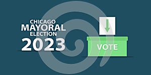 Chicago mayor elections 2023 isolated on dark blue background. American city elections vector graphic illustration. Arrow on white photo